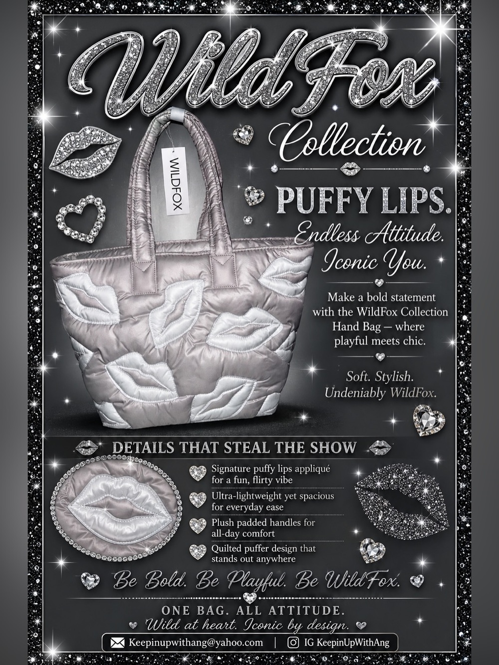 Wildfox Metallic Silver Puffy Lips Quilted Tote-Limited Edition